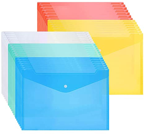 Pochettes Porte-document A4, Lot de 30, Plastique Pochette avec Bouton Pression pour Stockage Document Recettes D'Entreprises Organisation