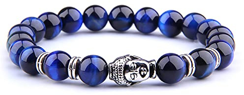 8 mm kungligt blått tigeröga armband män silverfärg Buddha-huvud berlock armband kvinnor amulett vinatge gul sten pärlor pulsera, lapis blå tiger-2,23 cm