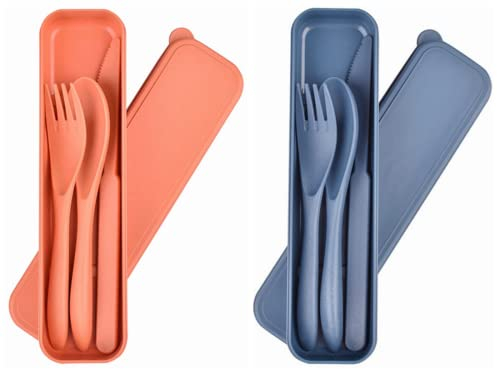 2 Piece Portable Travel Cutlery Sets with Case, Portable Camping Besteck, Plastik Besteck, Reusable Spoon Fork Knife Sets for Travel Picnic School Camping Outdoor (orange/blau)