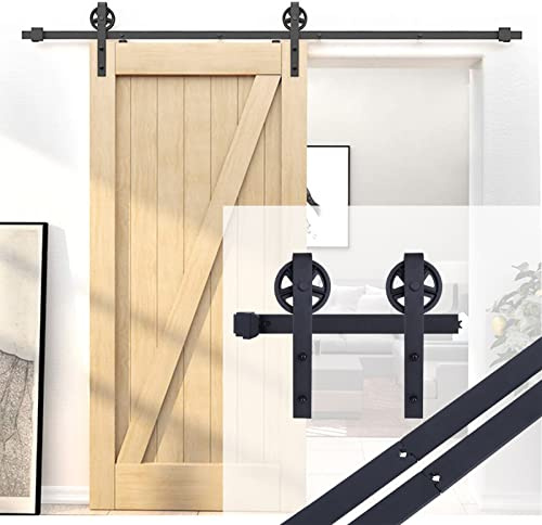 EGTink 200cm/6,56FT Schiebetürbeschlag Set, Schiebetürsystem aus Kohlenstoffstahl komplettes Set mit Laufrollen, Führungsschiene und Schien für Einzelschiebetür