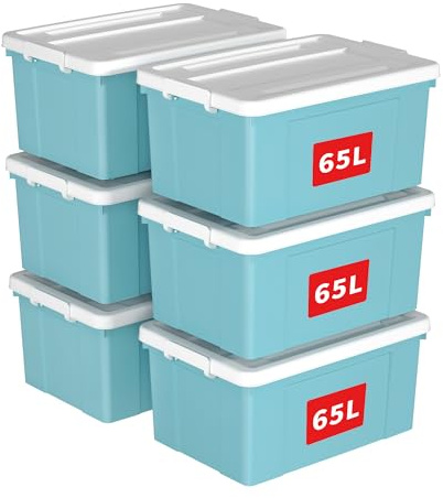 Cetomo 65L*6 Aufbewahrungsboxen, Aufbewahrungsbox mit Rollen & Deckel, Organizer-Behälter mit Clips, Stapelbar, Ineinander Nestbar, für Zuhause und Büro, Kunststoff, Blau, 65L-6er Pack