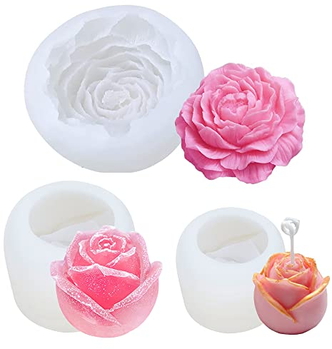 Asaisimg 3-teiliges Pfingstrosen-Blumen-Silikonformen-Set, 3D-Pfingstrose und Rose, Silikonharz, Seifenformen, Blumen-Fondant-Silikonform für handgefertigte Kuchendekoration, Schokolade, Epoxidharz,