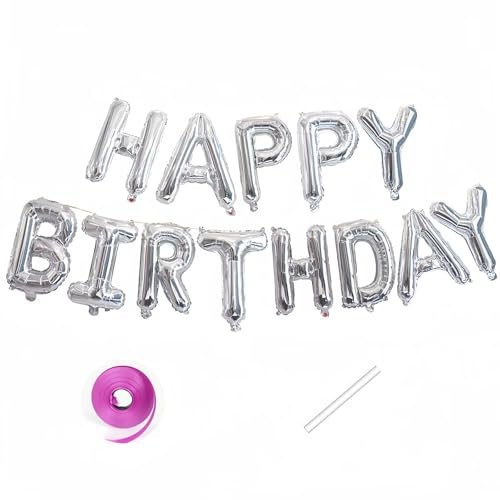 Vthoviwa Happy Birthday Banner Silber, HAPPY BIRTHDAY Girlande Luftballons Silber, 16 Zoll Geburtstag Folienballon Alufolie Geburtstagsballon Silber