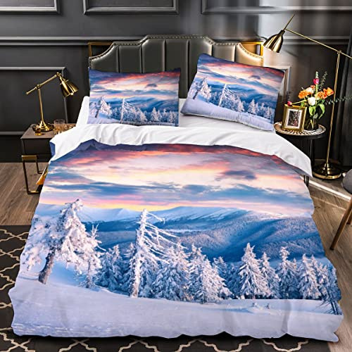 OENISE Housse de Couette 220x240 Adulte Sapins Neige Parure de Lit 2 Personnes Adulte Adolescents 3 Pièces avec Fermeture Éclai et 2 Taie d'oreiller 3D Hiver Microfibre Ensemble de Literie
