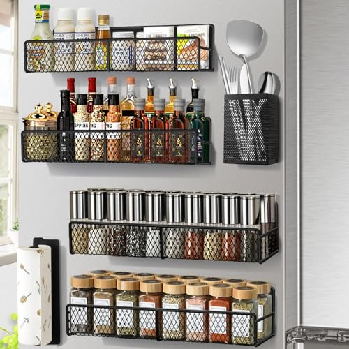 Magnetic Spice Rack for Refrigerator, 6 Pack 100% Metal Strong Magnet Shelf, Space Saving Spice Organizer, Home Kitchen Laundry Room Storage Organization W/ Paper Towel Holder, Utensils Racks,Black