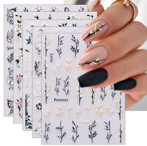 JMEOWIO 6 Blatt 3D Nagelsticker Frühlings Blume Nail Art Sticker Selbstklebend Nagelaufkleber 5D Stereoskopisch Bunte Sommer Blumen Dekoration Nageldesign Zubehör