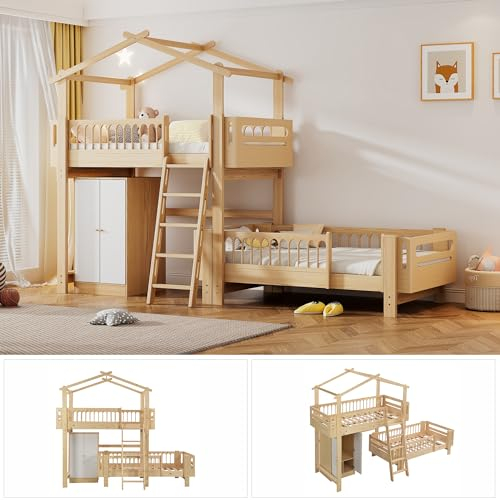 Kinder Hochbett Baumhaus 90 x 200 cm, Etagenbett mit 2 Lattenrost und Leiter, Spielbett Kinderbett Jugendbett Hausbett mit Kleiderschrank, Rahmen aus Kiefer - Natur & Weiß