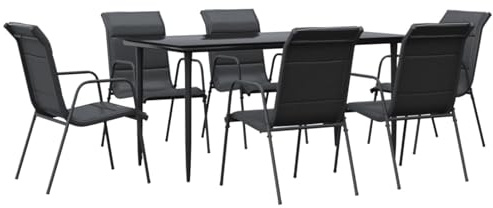 Gecheer 7-TLG. Garten Essgruppe 6 Personen, Gartenmöbel Set, Tisch mit Stuhl, Terassenmöbel, Gartengarnitur für Garten Terrasse, Schwarz Stahl und Textilene