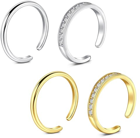 WillTen 2-4 st guld silver tåring rostfritt stål justerbar böjning öppen tåring, blompil löv enkel tunn CZ tå finger svansring sommar strand fot smycken set för kvinnor män, diametro interno