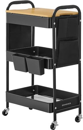 SONGMICS Rollwagen, Küchenwagen, 3 Metallgitterablagen, Servierwagen, 2 abnehmbare Hängebehälter, 2 Organizer, für Büro, Küche, Wohnzimmer, Badezimmer, tintenschwarz LRC036B01