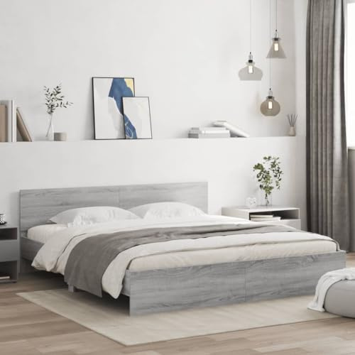 Faroom Holzbett Futonbett Bett 160x200 cm mit Lattenrost & Kopfteil, Bettrahmen Holzwerkstoff Einzelbett Doppelbett Bettgestell Grau Sonoma