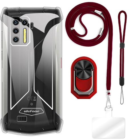 Zubehör-Bundle für Hülle für Ulefone Power Armor 13 - Klar+Blau | 6.81 4-in-1-Kombo inklusive TPU-Hülle, Crossbody-/Nackenlanyard, Handgelenkband und Fingerringständer