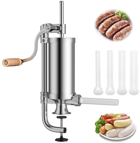 Stainless Steel Vertical Sausage Maker - 3L Sausage Filler Stuffer Home Made Machine with 4 Filling Tubes, Suction Base and Manual Crank - Ideal for Household or Commercial Use