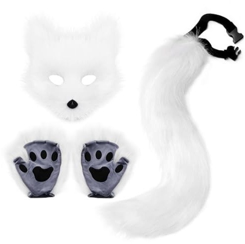 DRESHOW Fuchsschwanz Kunstpelz Flauschige Katze Wolf Plüsch Maske Halloween Party Kostüm Pfote Handschuhe Cosplay Set für Damen