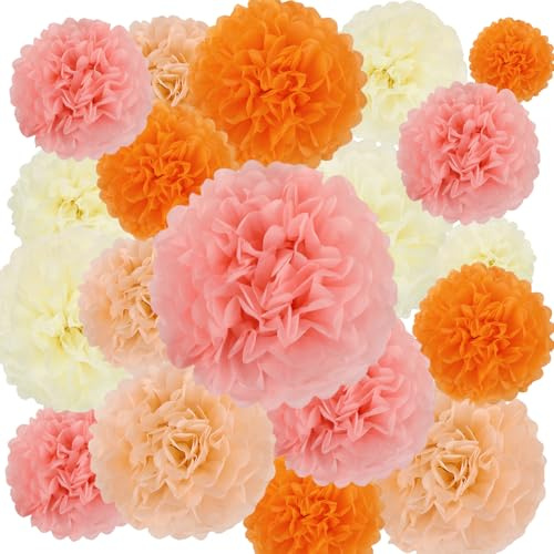BestoFun Set med 16 beige och rosa silkespapperstofsar med orange pompoms, höstdekoration för bröllop, bordsdekoration, födelsedagsfest, festdekoration, trädgård