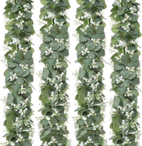 SIBOMTEX - Ghirlanda di eucalipto con fiori bianchi, confezione da 4 pezzi, 1,5 m, foglie di eucalipto artificiali, edera artificiale, per matrimoni, feste, caminetti, tavoli, decorazioni per la casa