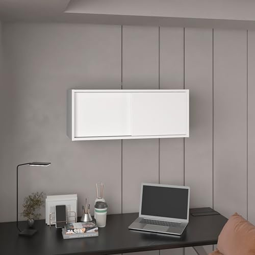 Tuhome Note 32-Inch Wide Wall Mounted Storage Cabinet with Sliding Doors, Compact Hanging Organizer for Bedroom, Living Room, Home Office & Garage | Wood Wall Cupboard, Space-Saving Storage Solution