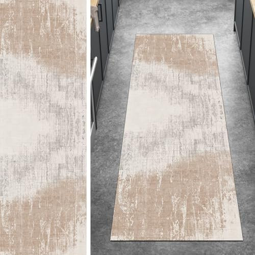 Ymural Läufer Flur Meterware rutschfest Grau Beige 70x350CM Abstrakt Teppichläufer Waschbar Küchenläufer Kurzflor Polyester Korridor Schlafzimmer