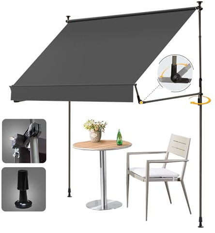HOMEDEMO Manual Retractable Awning Foldable Side Bar 30°-180°,Outdoor Patio Awning Height Adjustable 82-118in Retractable Awning,NO Drilling Awings for Backyard Slate Gray 118 W x 118 H