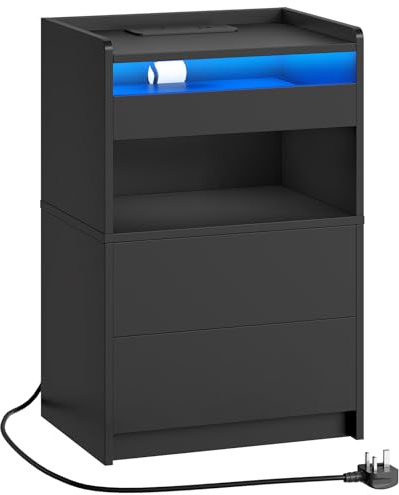 HOOBRO Bedside Table with Charging Station, End Table with 20-Color LED Lights, Nightstand with 1 AC Outlet, 2 USB Ports, 3 Drawers for Bedroom, Living Room, Study, Home Office, Black EBK328KDBZ01G1