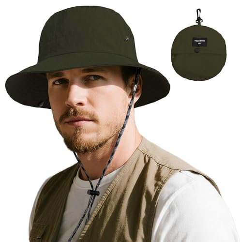 ehsbuy Sonnenhut Herren Damen Safari Fischerhut Wasserdicht Cowboy Style Boonie Bucket Hut Faltbar Sommerhut mit Verstellbare Kinnriemen für Wandern Outdoor