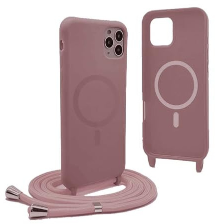 YFSYLL Handykette Hülle für iPhone 11 Pro Max mit Band,Magnetische Silikon Handyhülle Kompatibel mit MagSafe,Handyhülle für zum Umhängen Einstellbar und Abnehmbar - Roségold