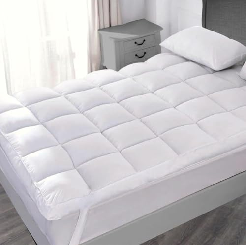 Double Size Mattress Topper – 4 Inch (10cm) Extra Deep Microfibre – Super Fluffy & Breathable Hollowfibre Fill – Box Stitched, Elastic Corner Straps – White