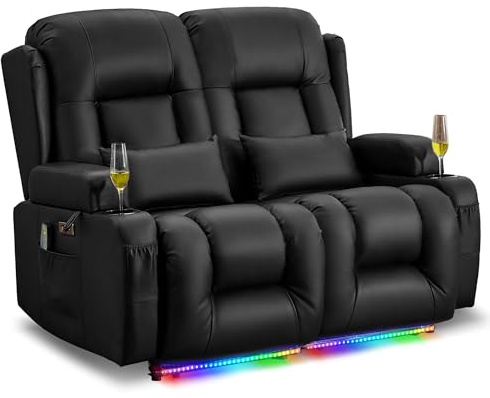LIFTSHA Zweisitzer Relaxsessel Elektrisch mit Liegefunktion, Fernsehsessel Elektrisch Verstellbar mit Massage & Heizung, TV Sessel Heimkino Sitze für Wohnzimmer, Kunstleder, Schwarz | Wall Hugger Liegestuhl Wohnmobil Couch Heimkino Sitzgelegenheit mit LED-Lichtern, USB, Steckdosen für Wohnzimmer, Kunstleder