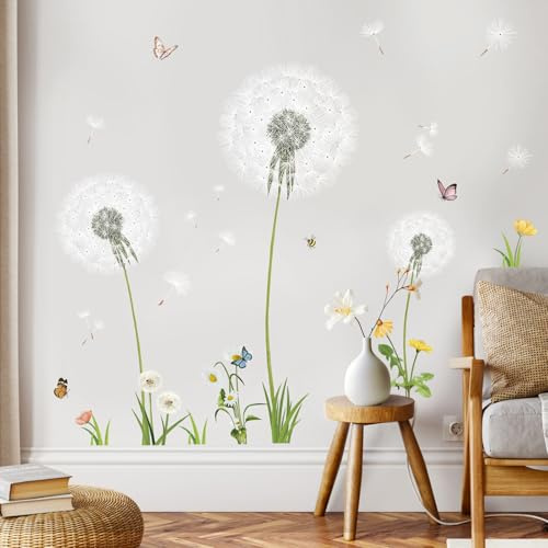 SHUCHING Wandtattoo Pusteblume Groß | Wandsticker Blumen Weiß, Löwenzahn Wandaufkleber für Wohnzimmer Schlafzimmer
