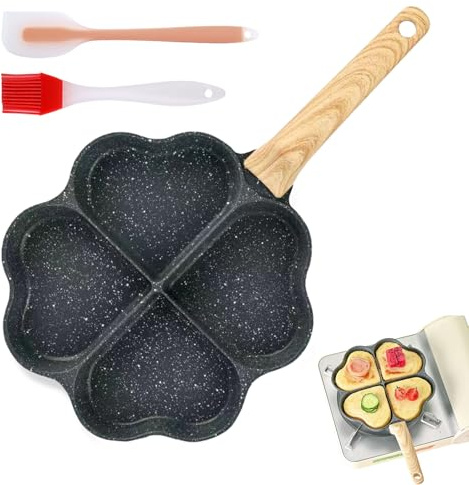 WIYETY Padella per uova fritte con coperchio, a induzione, antiaderente, per pancake, piccole padelle a 4 fori, a forma di cuore, per colazione, uova fritte, bistecche, hamburger