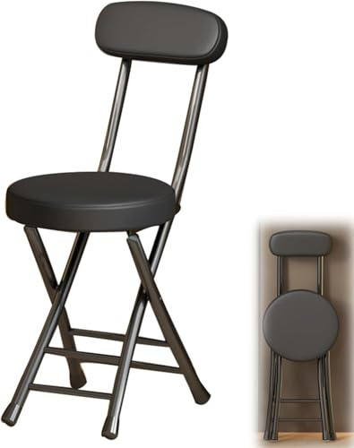 Sgabello pieghevole portatile da 45 cm, con schienale e poggiapiedi, seduta rotonda imbottita, ideale per cucina, sala da pranzo e bar, sedia compatta nera per la colazione