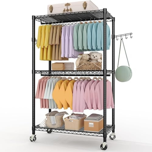 Virimolo Metall Kleiderständer auf Rollen, 3 Ebenen Mobiler Garderobenständer, Schwerlast Kleiderstange mit 2 Kleiderstangen & Ablagen & Haken, Maximalgewicht 330 kg, 115 x 40 x 202cm