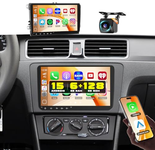Roinvou 6+128G Android 15 Bilradio för VW Golf 5 6 Passat Polo Tiguan Touran Caddy Skoda Carplay Android Auto, 9-tums pekskärm WI-FI GPS Bluetooth EQ FM/RDS UI SWC Bakre kamera