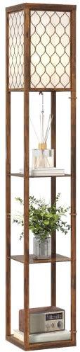 HOMCOM 3-Tier Floor Lamp w/Shelves Standing Lamp Single Light Rustic Brown | Modern 160 cm Tall Reading Light, Fabric Lampshade, Chain Switch, for Living Room Bedroom, Bulb not Included