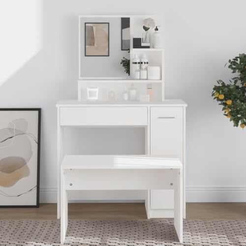 Toletta con Specchio in Legno Bianco, Cassetti e Ripiani Multipli, Postazione Trucco e Make Up, Toilette da Trucco per Camera da Letto, Vanity Desk for Makeup, Mobili Camera da Letto, 86.5x35x136 cm
