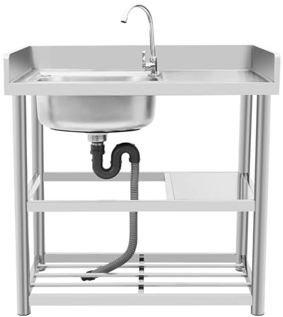 TFGXUE Outdoor Waschbecken, Freistehende Spüle, Edelstahl Garten Waschtisch, Außenküche, 360 Grad Drehen Wasserhahn, Viel Stauraum, bis 150 kg, 90 x 50 x 80 cm