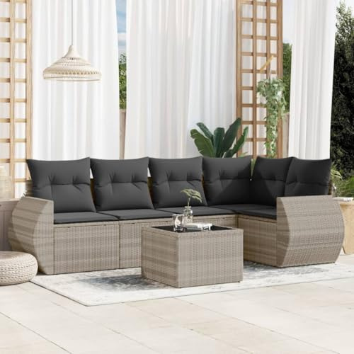 Ziaphsol 6-TLG. Garten-Sofagarnitur Hellgrau, Poly Rattan Lounge-Set mit Stauraum, Hartglas-Tischplatte, UV-beständig für Terrasse, Balkon, Außenbereich
