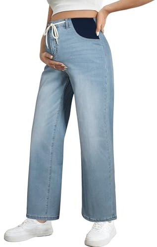 BLENCOT Women's Maternity Jeans High Waisted Drawstring Straight Leg Pregnancy Denim Work Pants Myosotis Medium