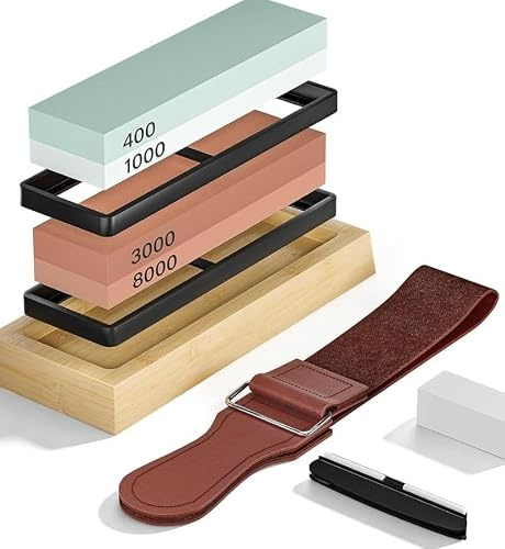 Dayacoco Sharpening Stone Kit 400/1000/3000/8000 with Non-Slip Base | Chisel Sharpening Kit - 8pc set w/ base, guide, flattener, strop. silicon corundum, water only.