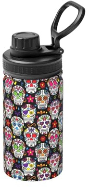 Bouteille d'eau isotherme en acier inoxydable avec imprimé crânes et fleurs colorées, 355 ml, idéal pour les voyages