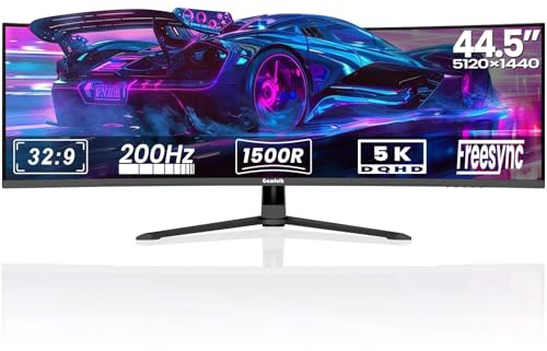Gawfolk 44,5 Zoll Curved Gaming Monitor 200Hz DQHD 5120x1440 UltraWide PC Bildschirm 1500R Gaming Bildschirm, VA, Eingebauten Lautsprechern, Adaptive Sync, 2X DP 1.4, 2X HDMI 2.1, PBP/Pip