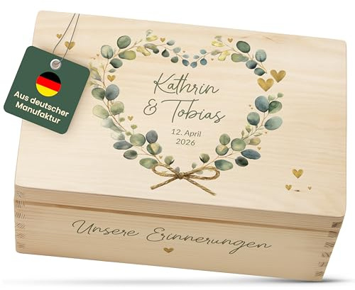 Amari ® Personalisierte Erinnerungsbox aus Holz | Eukalyptus Herz | Individuelles Hochzeitsgeschenk Erinnerung Hochzeit Personalisiertes Holzkiste