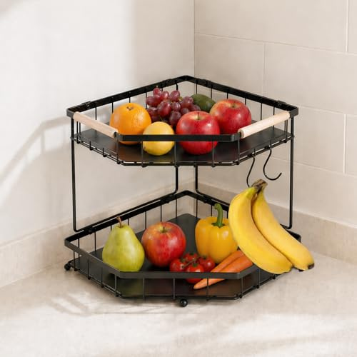 2 Tier Corner Fruit & Veg Basket with Banana Hangers for Kitchen Counter | Corner-Fit 2 Tier Storage with Banana Hangers and Protective Mats