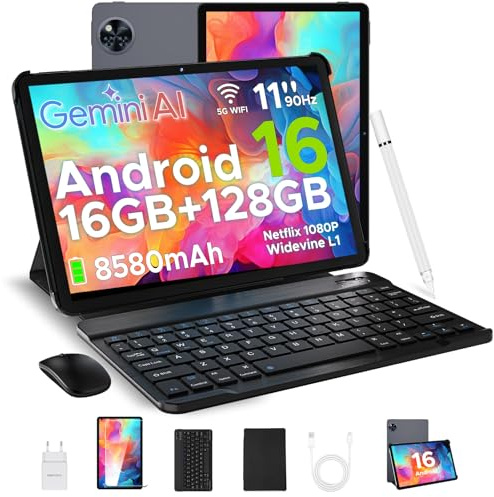 DOOGEETab U11 Tablette Android 16, 11 Pouces Tablette avec Clavier, 16Go RAM+128Go ROM(2To TF), T7200Octa-Core Tablette Tactile 90Hz, 8580mAh, Gemini AI,Widevine L1/5G WiFi/7,9mm/Face ID