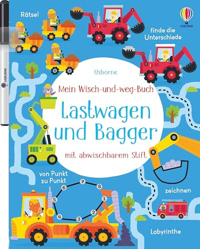 Mein Wisch-und-weg-Buch: Lastwagen und Bagger: mit abwischbarem Stift – Zähl-, Zuordnungs- und Schwungübungen für Kinder ab 4 Jahren