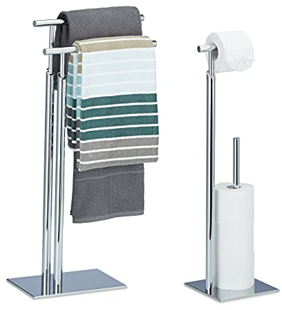 Relaxdays Set da 2X Accessori da Bagno, Stand Porta Asciugamani, Piantana da WC con Porta Rotolo di Riserva. Acciaio Argentato