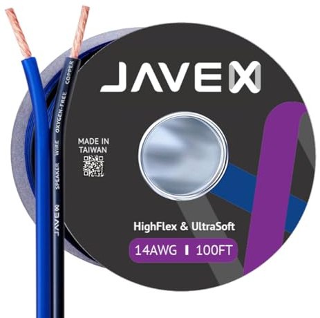 JAVEX Speaker Wire 14-Gauge [2.11mm2] [0.16mm Strands Oxygen-Free Copper 99.9%] Stranded Copper, Blue/Black, Cable for Hi-Fi Systems, Amplifiers, AV receivers and Car Audio Systems, 30.5M [100FT]