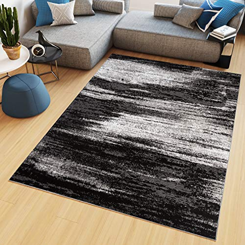 TAPISO Maya Teppich Kurzflor Schwarz Grau Creme Verwischt 120 x 170 cm | Modern Meliert Streifen Design Wohnzimmer Schlafzimmer oeko-tex