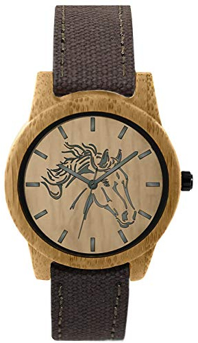 Pacific Time Damen Armbanduhr Pferd Holz Canvas Uhrenarmband Textil braun analog Quarz 87205