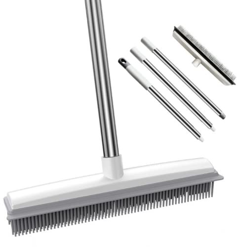 Ceasyde Pet Hair Removal Rubber Broom, Multifunctional Cleaning Brush with Squeegee Edge, 47 inch Adjustable Handle for Cat Dog Hair Removal Carpet Kitchen Bathroom Wall Window Cleaning
